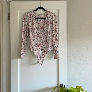 Free People Cream Star-Print Long Sleeve Girls Like Us Cotton Thong Bodysuit